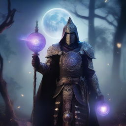 A warlock celestial necromancer knight, dressed in dark, mystical armor adorned with celestial symbols and glowing runes