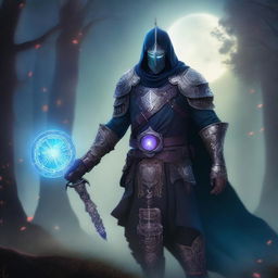 A warlock celestial necromancer knight, dressed in dark, mystical armor adorned with celestial symbols and glowing runes