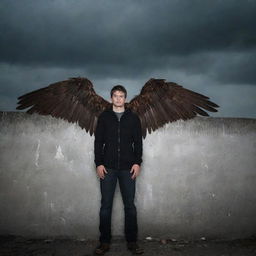 A young man, with broken wings standing against a tall wall under the dimly-lit sky, portraying a picture of resilience and defiance.