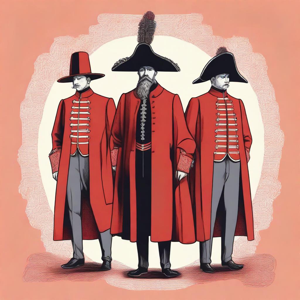 A detailed illustration of three men wearing long red coats and hats, standing together with a regal and commanding presence