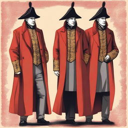 A detailed illustration of three men wearing long red coats and hats, standing together with a regal and commanding presence