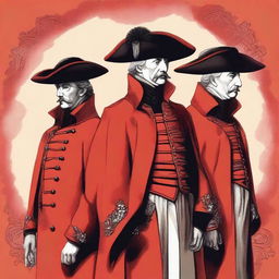 A detailed illustration of three men wearing long red coats and hats, standing together with a regal and commanding presence