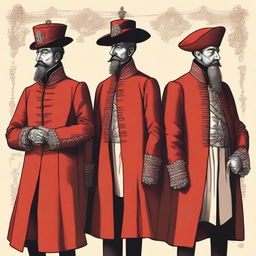 A detailed illustration of three men wearing long red coats and hats, standing together with a regal and commanding presence