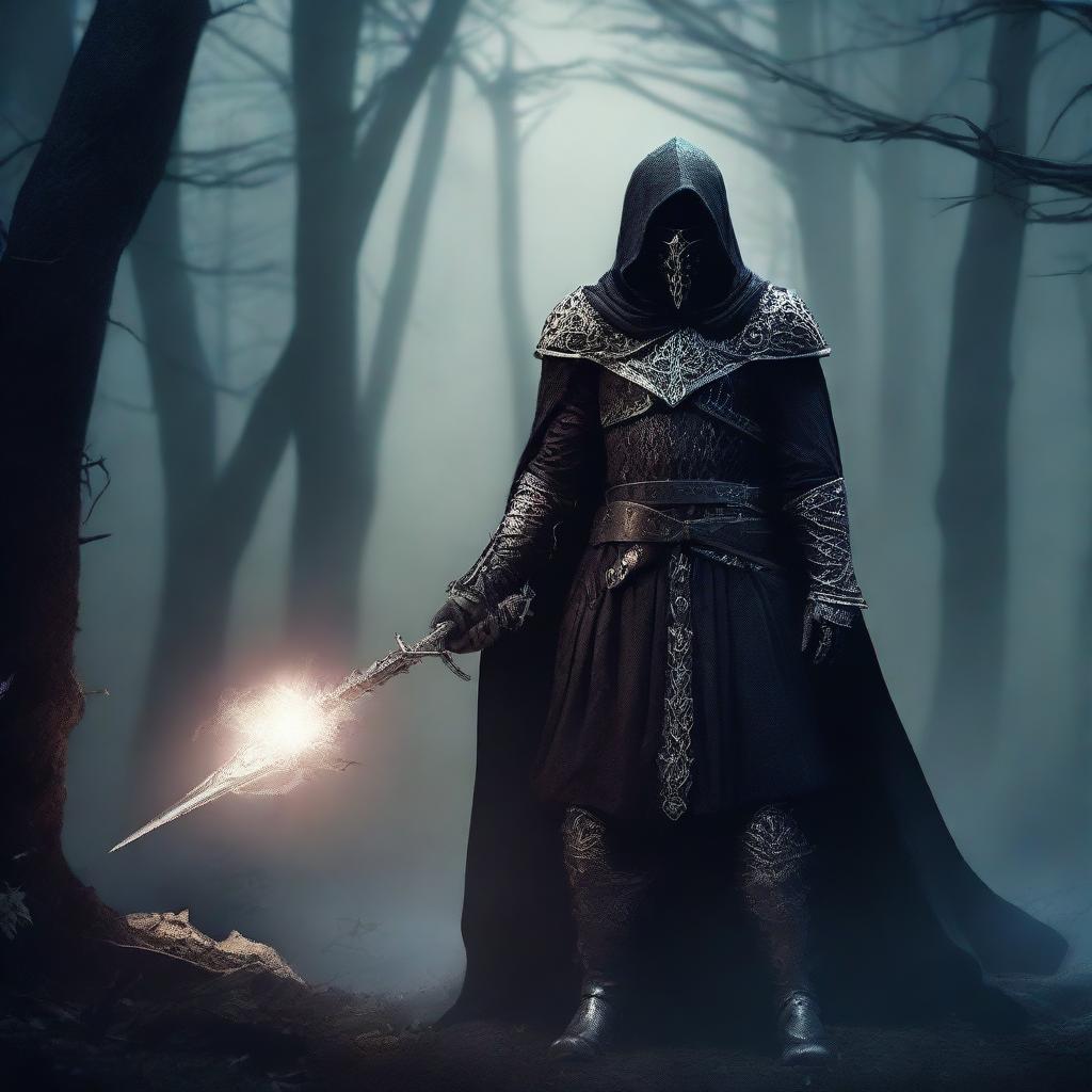 A warlock necromancer knight wearing dark runic armor and a hooded cloak, standing in a shadowy environment with an aura of dark magic surrounding him