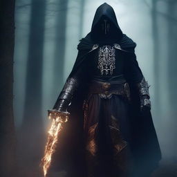 A warlock necromancer knight wearing dark runic armor and a hooded cloak, standing in a shadowy environment with an aura of dark magic surrounding him