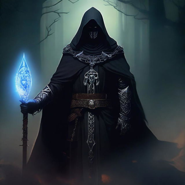 A warlock necromancer knight wearing dark runic armor and a hooded cloak, standing in a shadowy environment with an aura of dark magic surrounding him