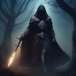 A warlock necromancer knight wearing dark runic armor and a hooded cloak, standing in a shadowy environment with an aura of dark magic surrounding him