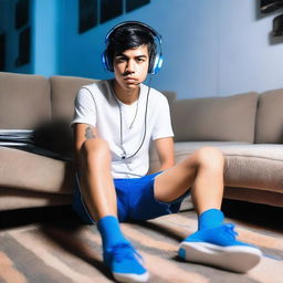 A candid photograph capturing a relaxed young man in an eclectic outfit, sporting short black hair with electric blue tips