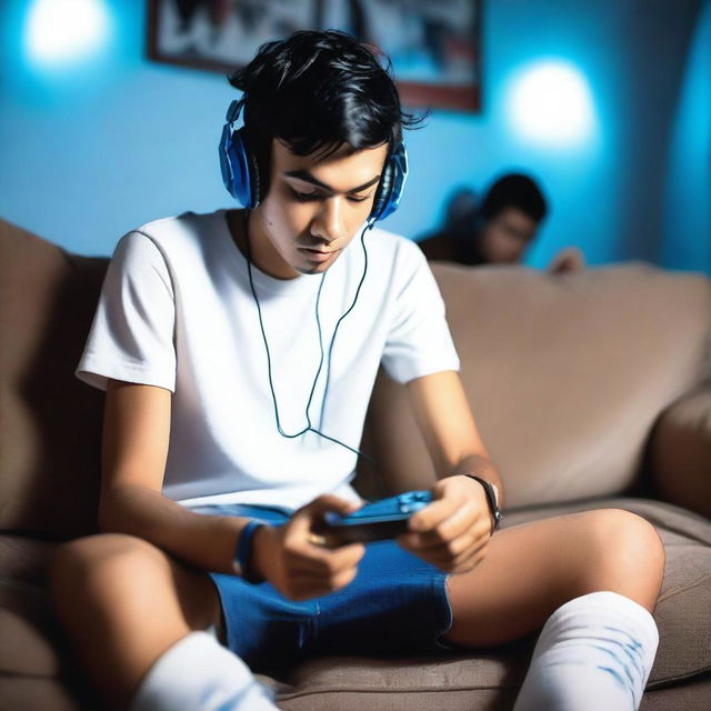 A candid photograph capturing a relaxed young man in an eclectic outfit, sporting short black hair with electric blue tips