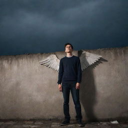 A young man, with broken wings standing against a tall wall under the dimly-lit sky, portraying a picture of resilience and defiance.