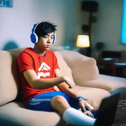 A candid photograph capturing a relaxed young man in an eclectic outfit, sporting short black hair with electric blue tips