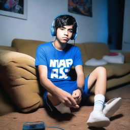 A candid photograph capturing a relaxed young man in an eclectic outfit, sporting short black hair with electric blue tips