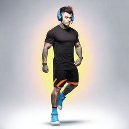 A man is wearing an old, holey t-shirt, black football shorts with orange details, and white socks