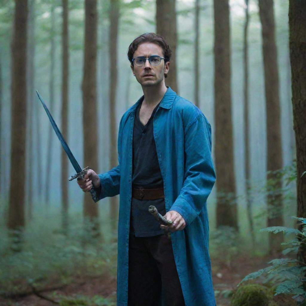 A man wearing blue glasses and brandishing a sword, standing in a dense forest bathed in a blueish light