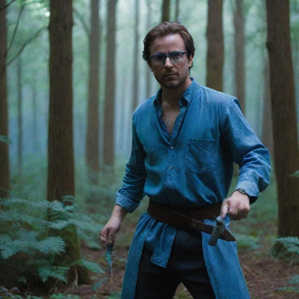 A man wearing blue glasses and brandishing a sword, standing in a dense forest bathed in a blueish light