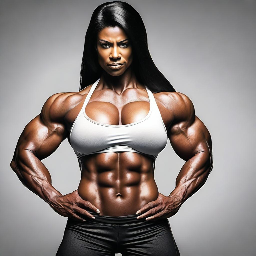 Create an image of a muscular woman with a slim waist and large breasts