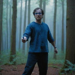 A man wearing blue glasses and brandishing a sword, standing in a dense forest bathed in a blueish light