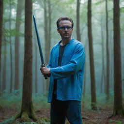 A man wearing blue glasses and brandishing a sword, standing in a dense forest bathed in a blueish light