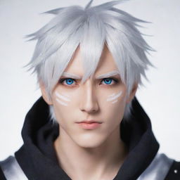 Anime styled male character with striking white hair and mesmerizing Gojo-like eyes, additionally adorned with elements that denote his passion for gaming.