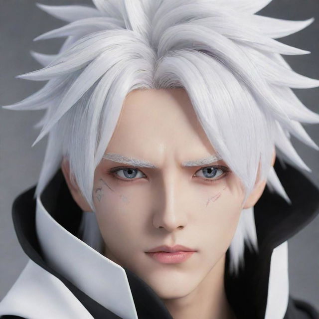 Anime styled male character with striking white hair and mesmerizing Gojo-like eyes, additionally adorned with elements that denote his passion for gaming.