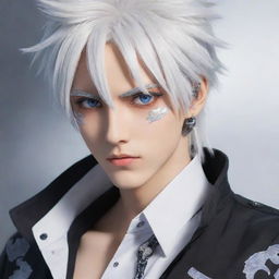 Anime styled male character with striking white hair and mesmerizing Gojo-like eyes, additionally adorned with elements that denote his passion for gaming.