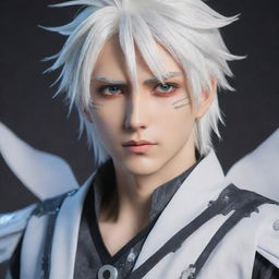 Anime styled male character with striking white hair and mesmerizing Gojo-like eyes, additionally adorned with elements that denote his passion for gaming.