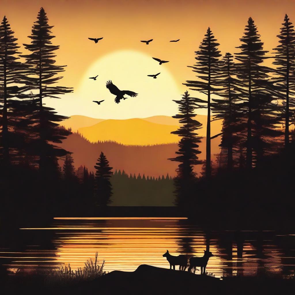 Create an image of a forest sunset featuring a bald eagle, a moose, a bear, and a belted kingfisher