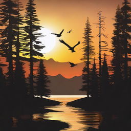 Create an image of a forest sunset featuring a bald eagle, a moose, a bear, and a belted kingfisher