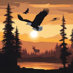 Create an image of a forest sunset featuring a bald eagle, a moose, a bear, and a belted kingfisher