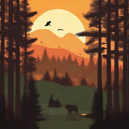 Create an image of a forest sunset featuring a bald eagle, a moose, a bear, and a belted kingfisher