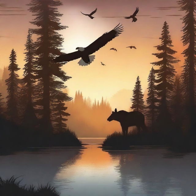 Create a book cover for a wildlife book featuring a forest at sunset