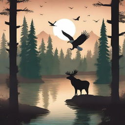 Create a book cover for a wildlife book featuring a forest at sunset