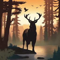 Create a book cover for a wildlife book featuring a forest at sunset