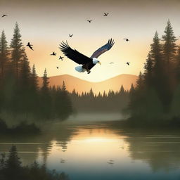 Create a book cover for a wildlife book featuring a forest at sunset