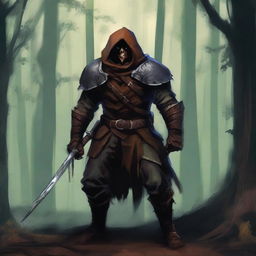 A fierce hobgoblin bandit standing in a dark forest, wearing rugged armor and wielding a menacing sword