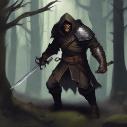 A fierce hobgoblin bandit standing in a dark forest, wearing rugged armor and wielding a menacing sword