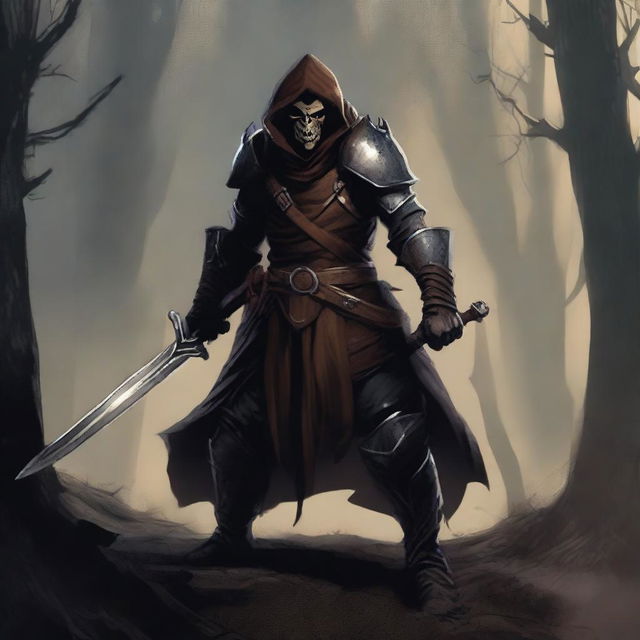 A fierce hobgoblin bandit standing in a dark forest, wearing rugged armor and wielding a menacing sword