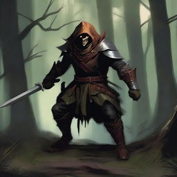 A fierce hobgoblin bandit standing in a dark forest, wearing rugged armor and wielding a menacing sword