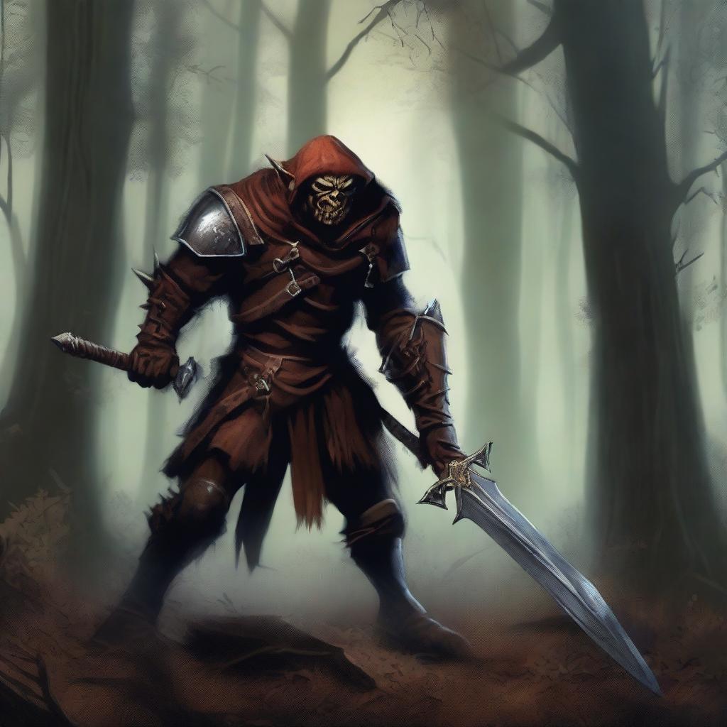 A fierce hobgoblin bandit standing in a dark forest, wearing rugged leather armor and wielding a menacing sword