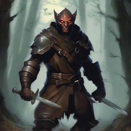 A fierce hobgoblin bandit standing in a dark forest, wearing rugged leather armor and wielding a menacing sword