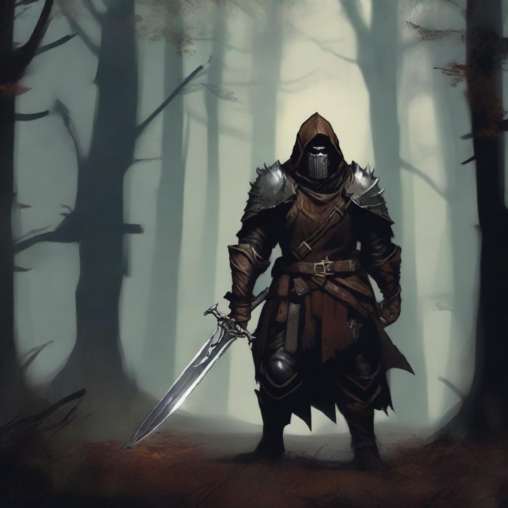 A fierce hobgoblin bandit standing in a dark forest, wearing rugged leather armor and wielding a menacing sword