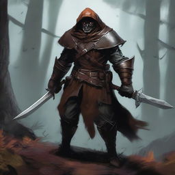 A fierce hobgoblin bandit standing in a dark forest, wearing rugged leather armor and wielding a menacing sword