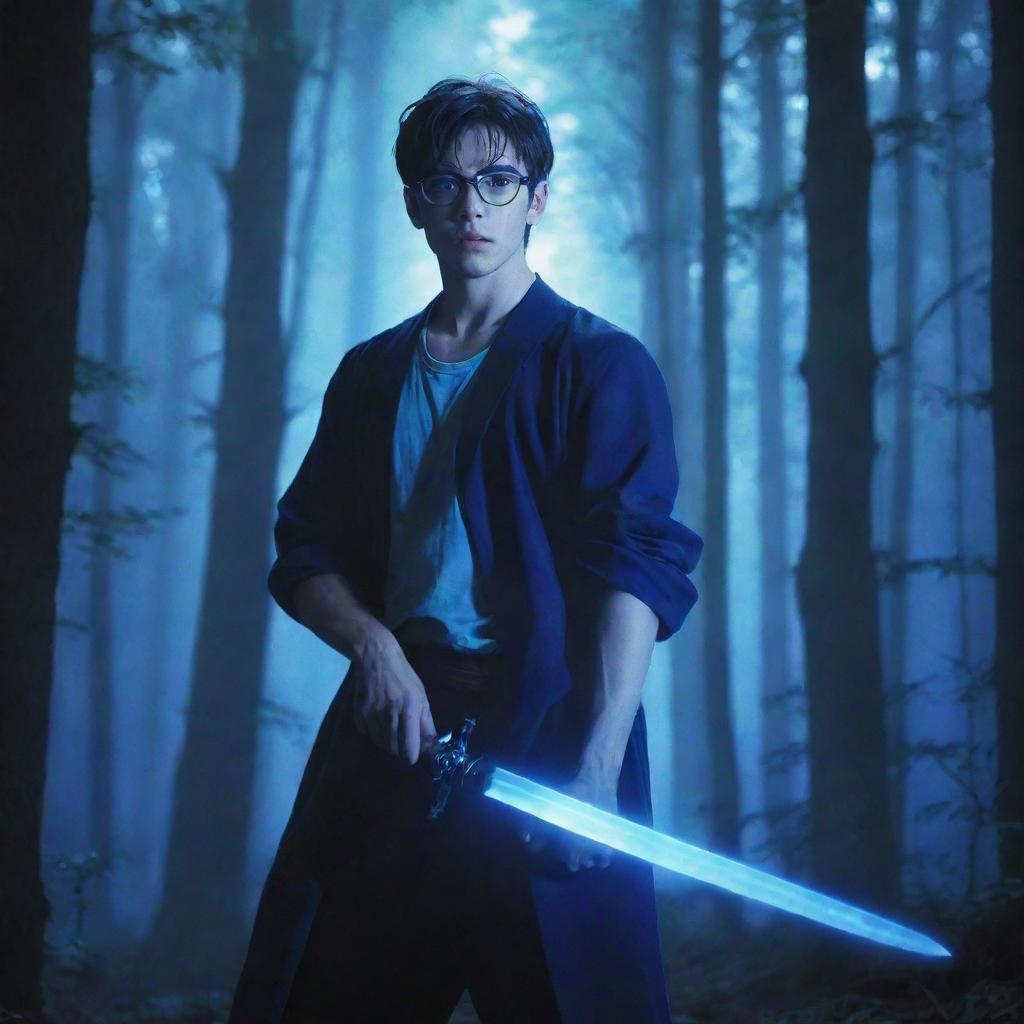 An anime-style image of a man with blue glasses and a sword, standing in a dense forest illuminated by a bluish light