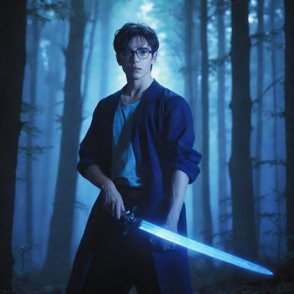 An anime-style image of a man with blue glasses and a sword, standing in a dense forest illuminated by a bluish light