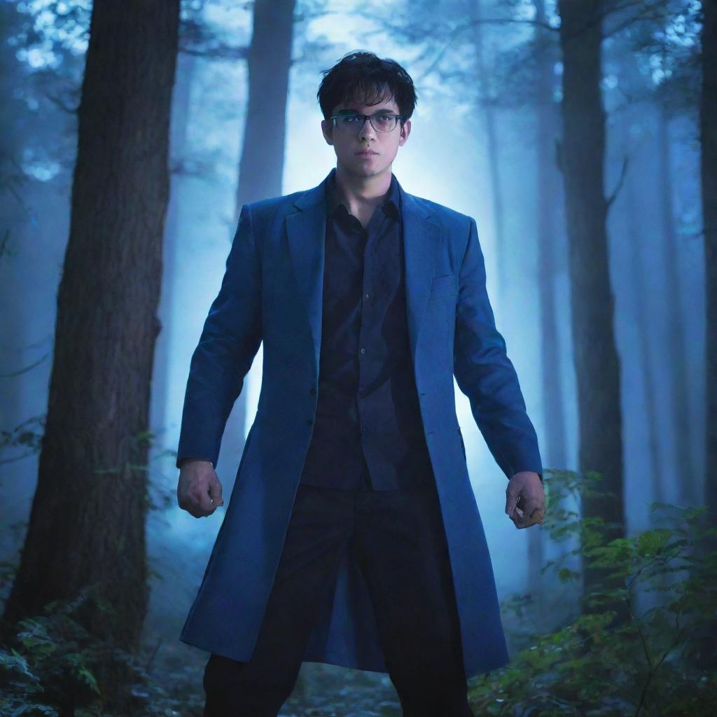 An anime-style image of a man with blue glasses and a sword, standing in a dense forest illuminated by a bluish light