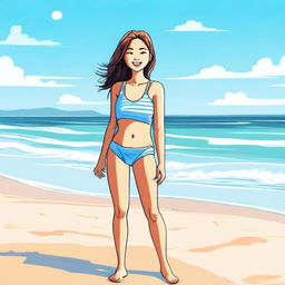 A girl in a swimsuit standing on a beach with the ocean in the background