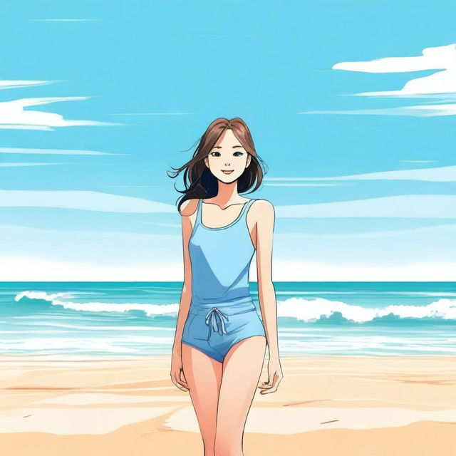 A girl in a swimsuit standing on a beach with the ocean in the background