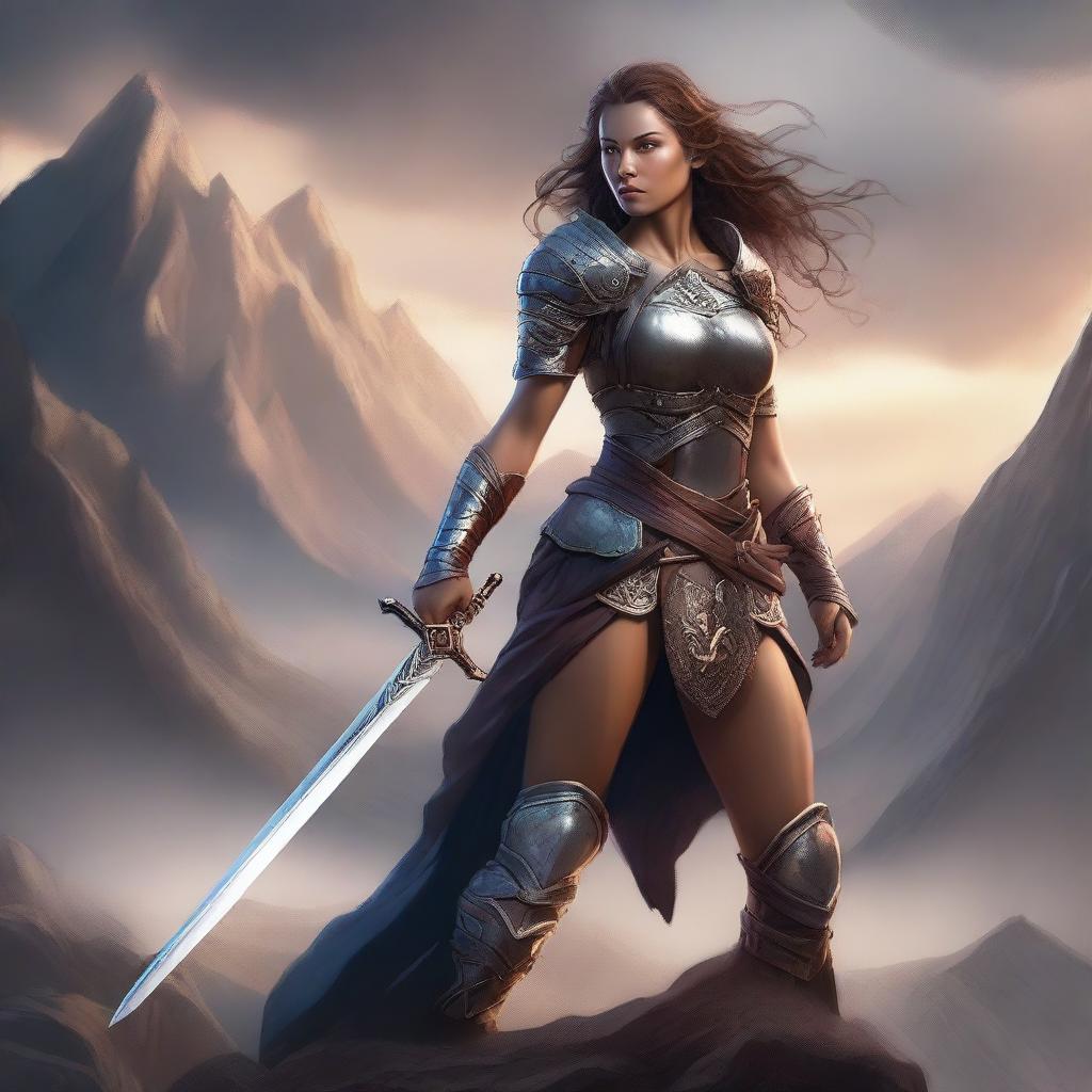 A warrior woman in a fantasy setting, wearing minimal armor and holding a sword