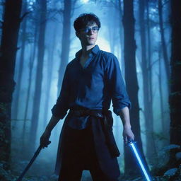 An anime-style image of a man with blue glasses and a sword, standing in a dense forest illuminated by a bluish light