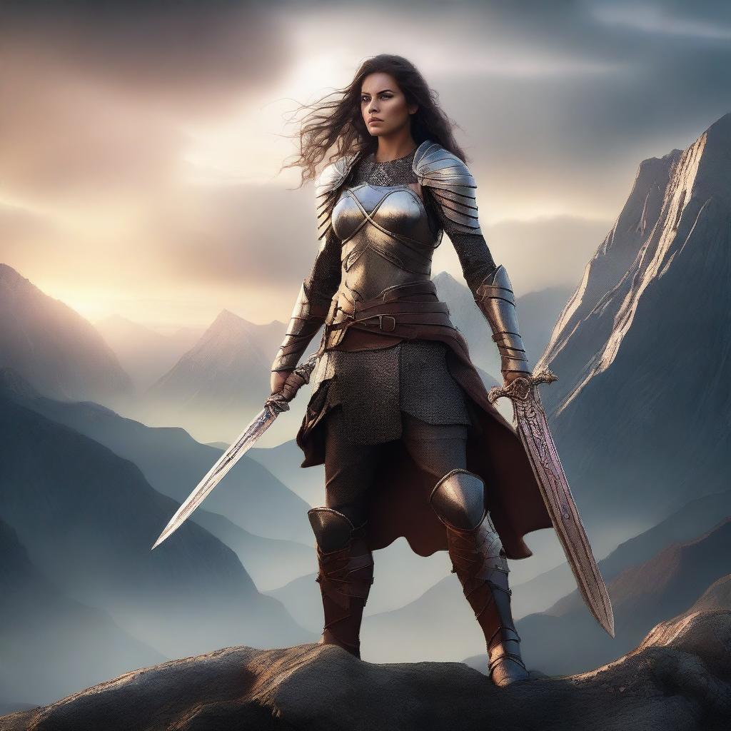 A warrior woman in a fantasy setting, wearing minimal armor and holding a sword